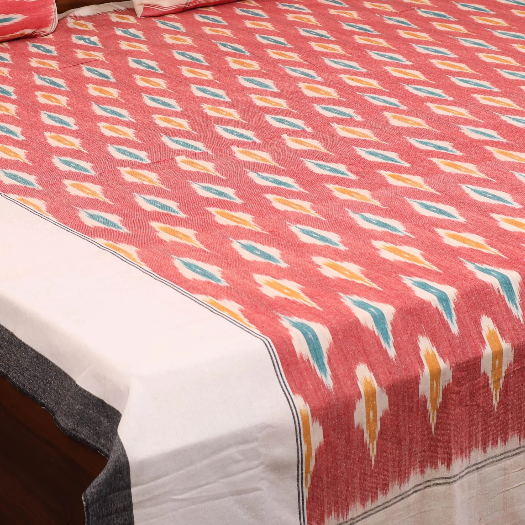 Red - Handloom Cotton Pochampally Ikat Double Bedsheet Set (108 x 90 in) 17 - Image 4