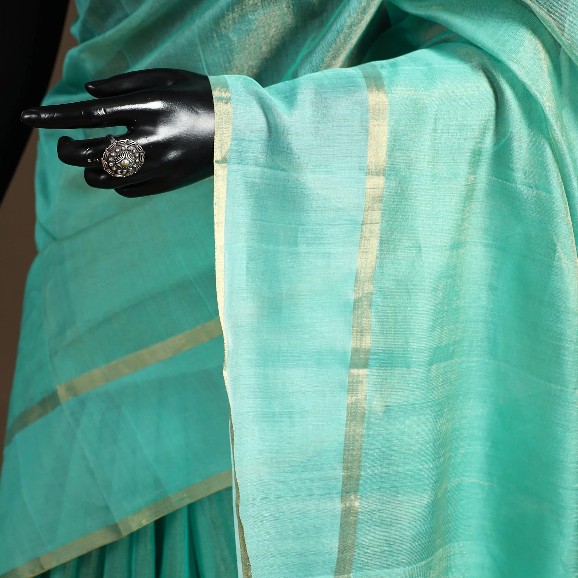 Green - Handloom Tissue Zari Chanderi Silk Saree 10 - Image 3