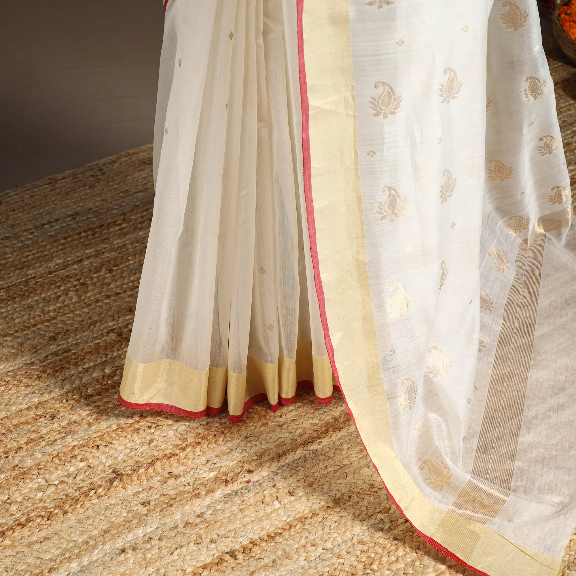 White - Handloom Zari Work Chanderi Silk Saree 23 - Image 4