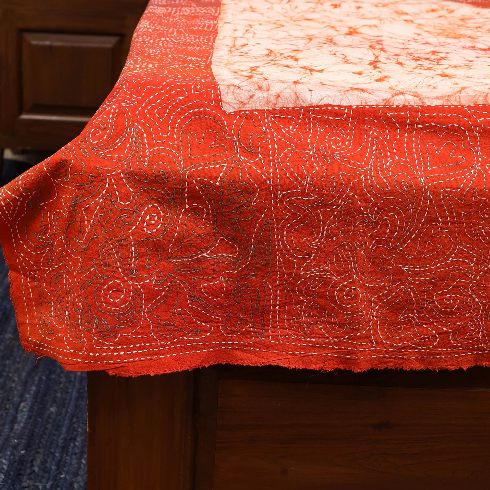 Orange - Kantha Handwork Cotton Single Hand Batik Print Bed Sheet 01 - Image 3
