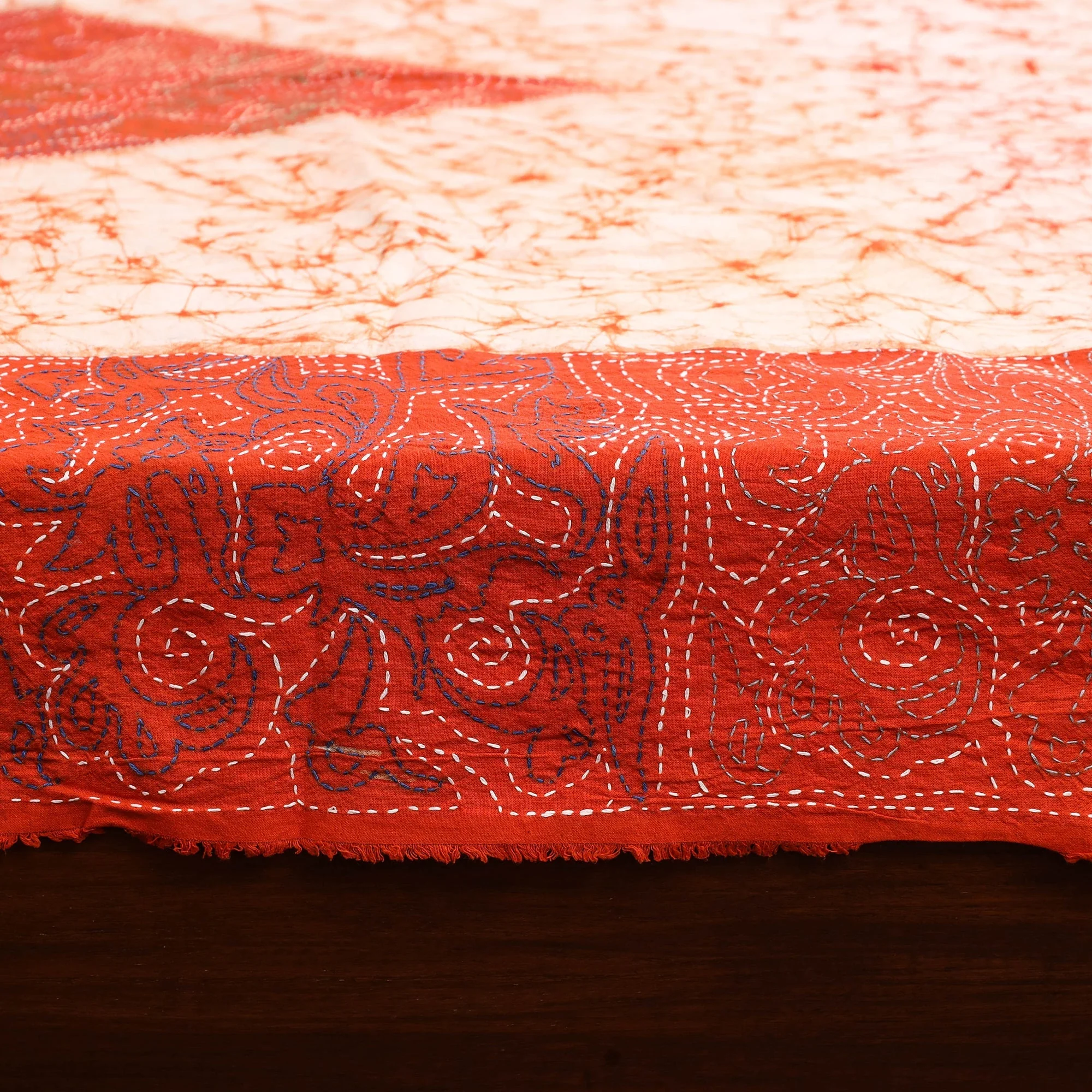 Orange - Kantha Handwork Cotton Single Hand Batik Print Bed Sheet 01 - Image 4