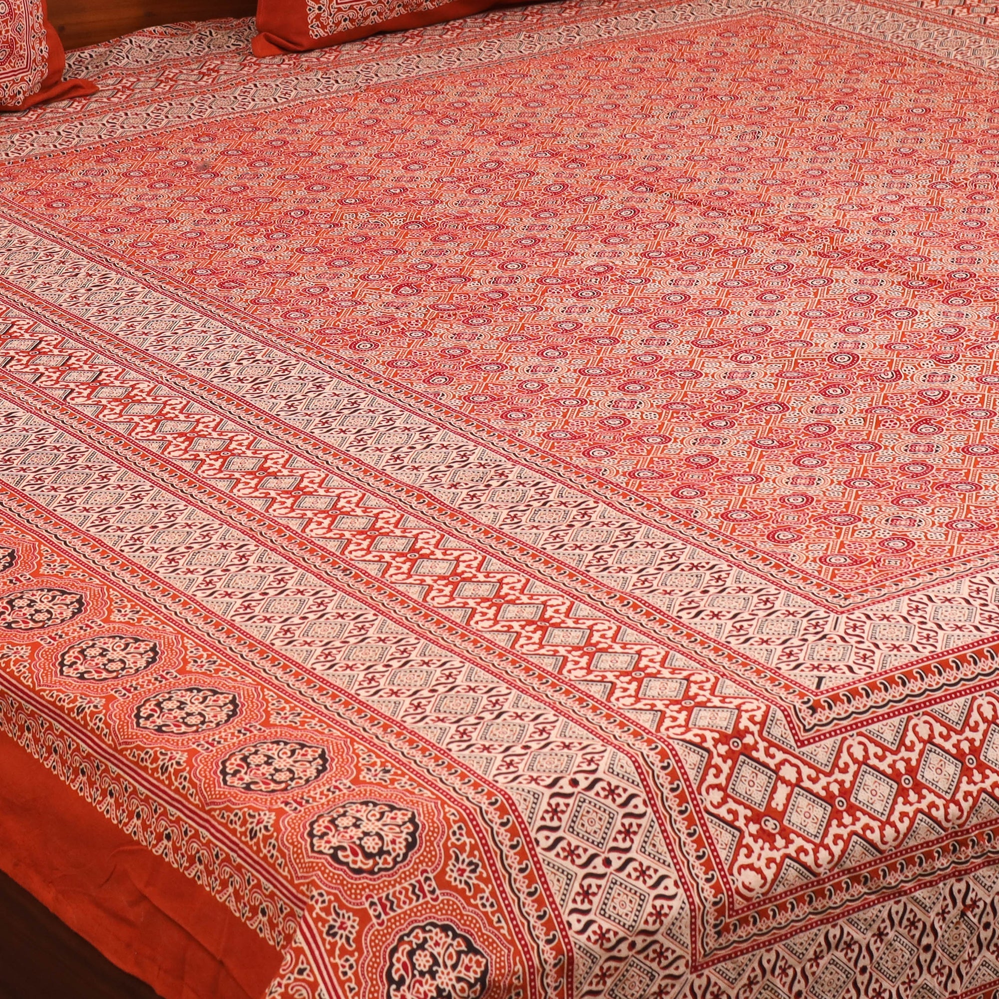 Red - Natural Dyed Block Print Cotton Double Ajrakh Bed Sheet Set 08 - Image 4