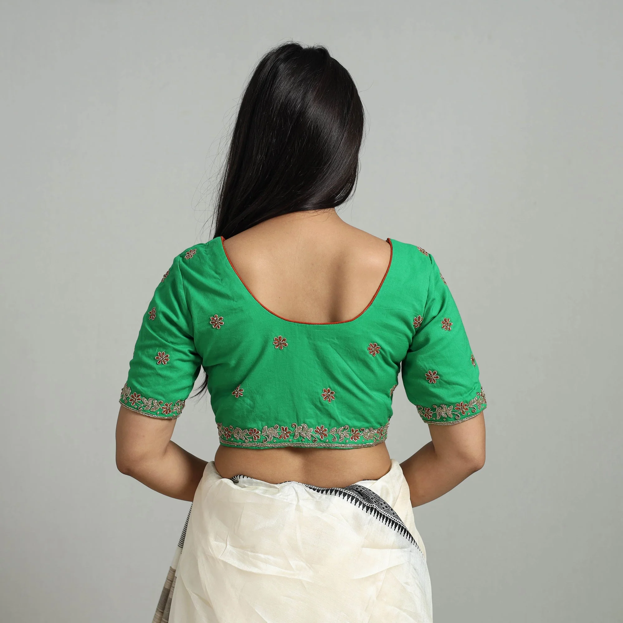 Green - Zardozi Hand Embroidery Cotton Blouse 01 - Image 4