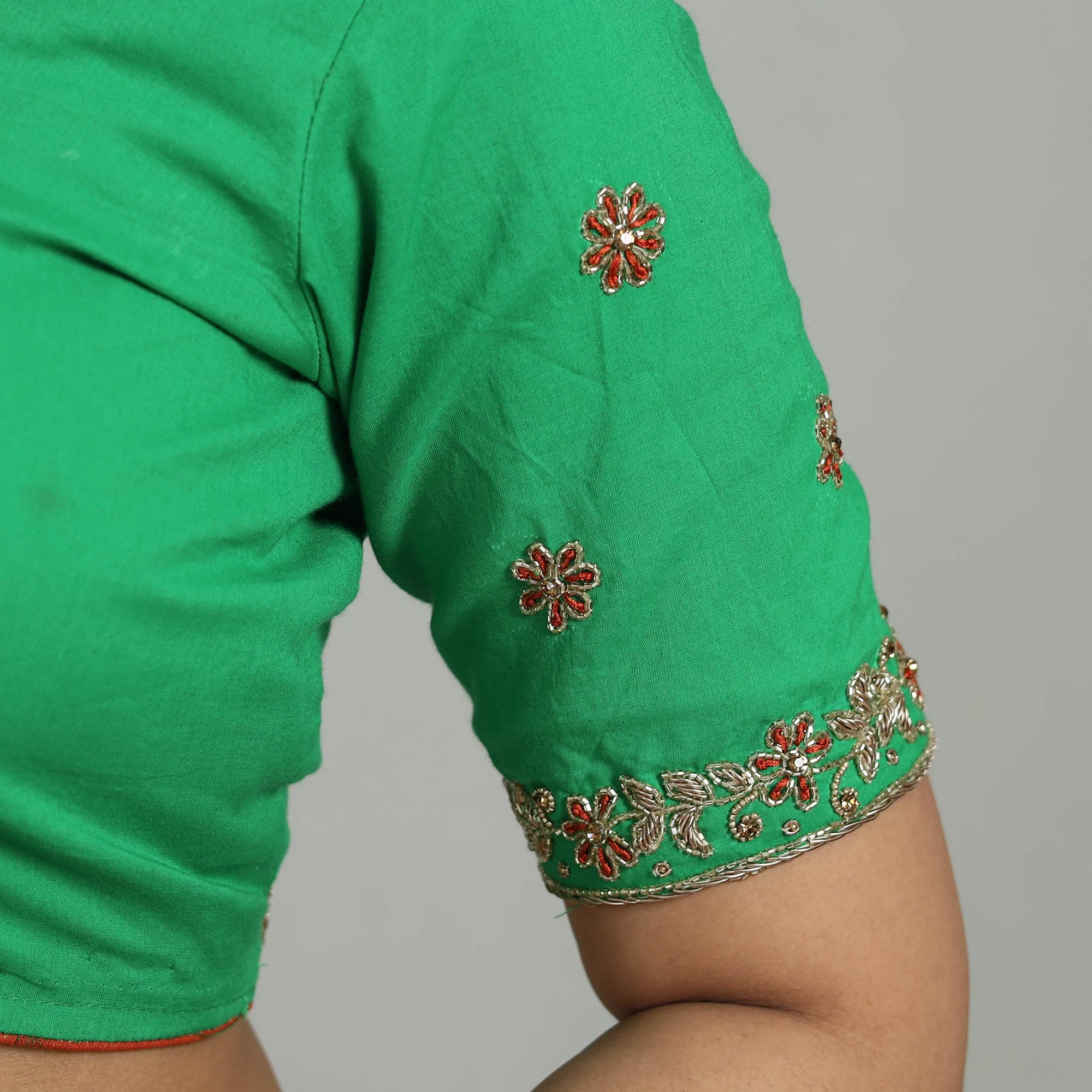 Green - Zardozi Hand Embroidery Cotton Blouse 01 - Image 6