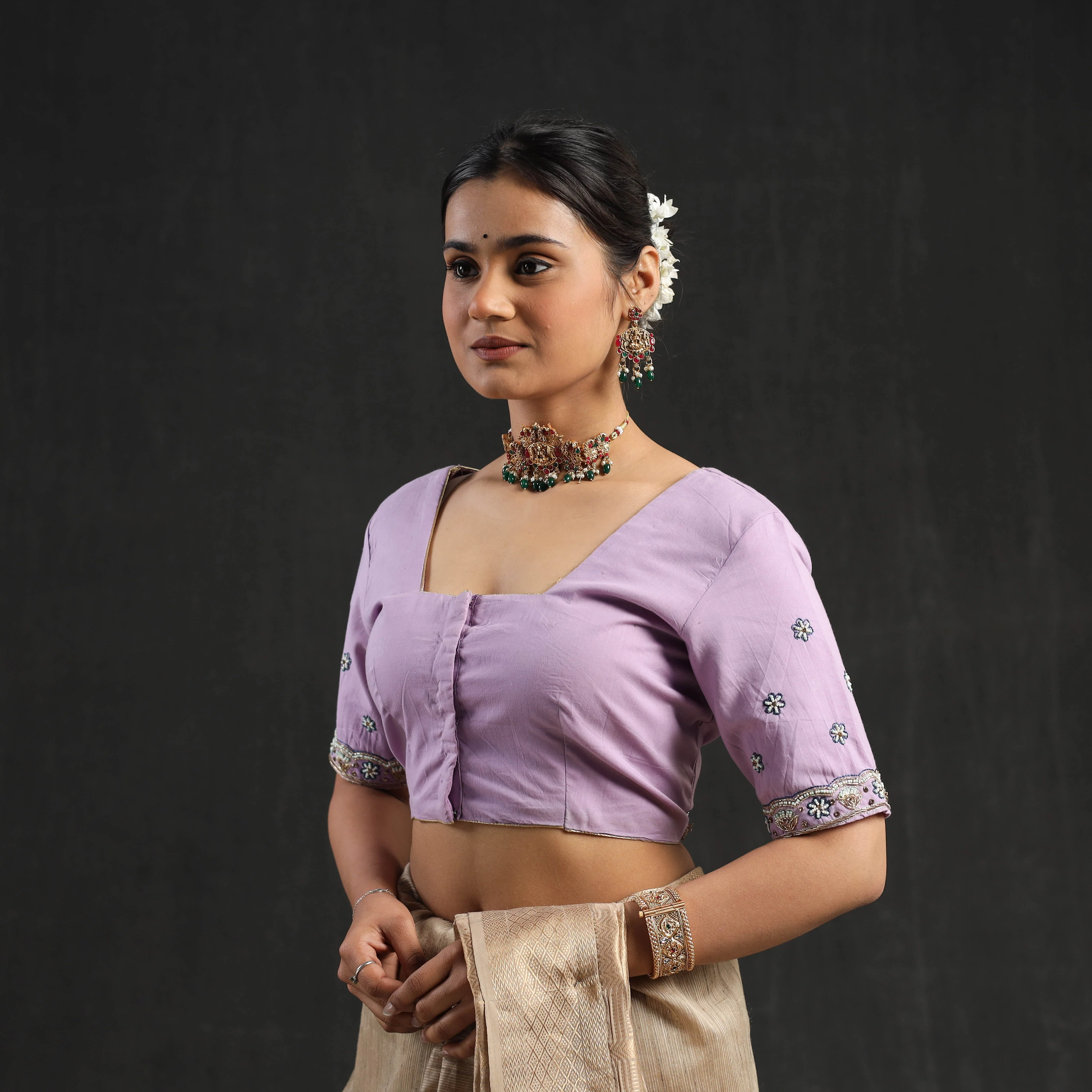 Purple - Zardozi Hand Embroidery Cotton Blouse 09 - Image 3